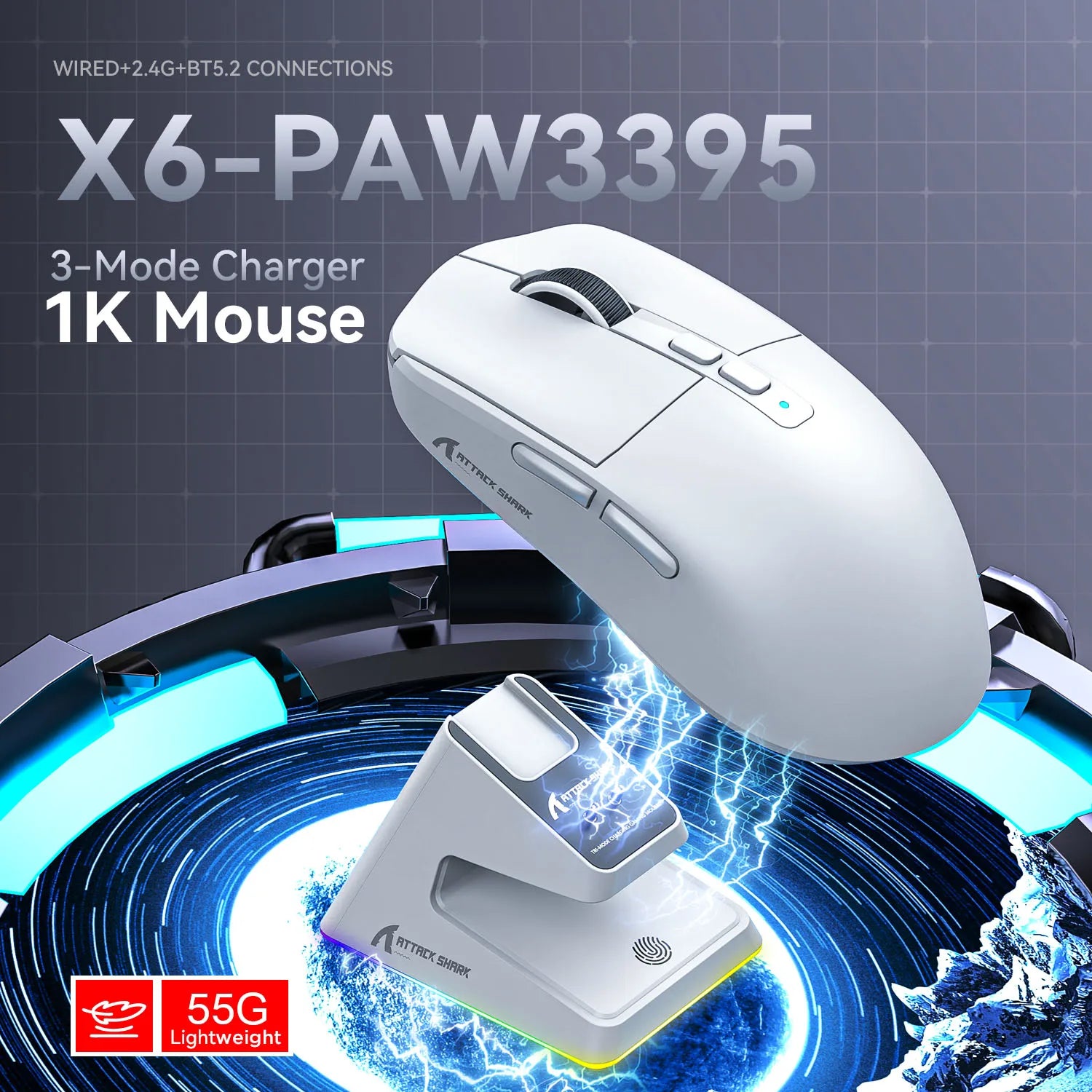 RGB Bluetooth Tri-Mode Gaming Mouse with Magnetic Base