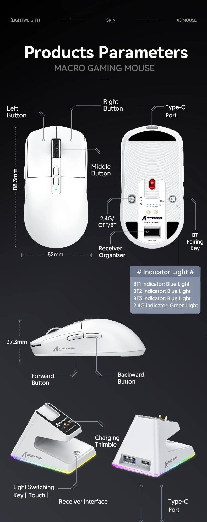 RGB Bluetooth Tri-Mode Gaming Mouse with Magnetic Base